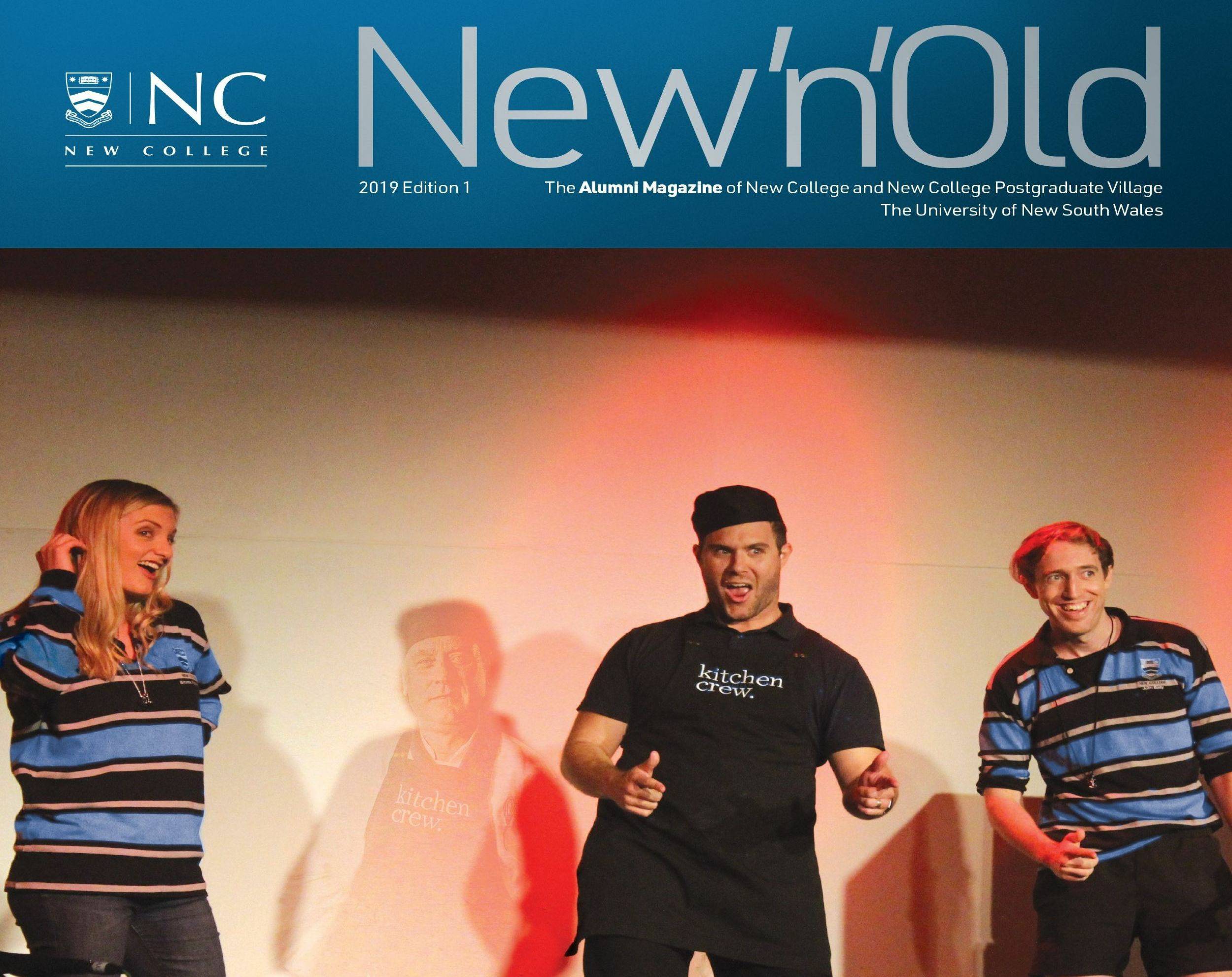 Cover of a recent alumni magazine issue showing three residents on stage performing